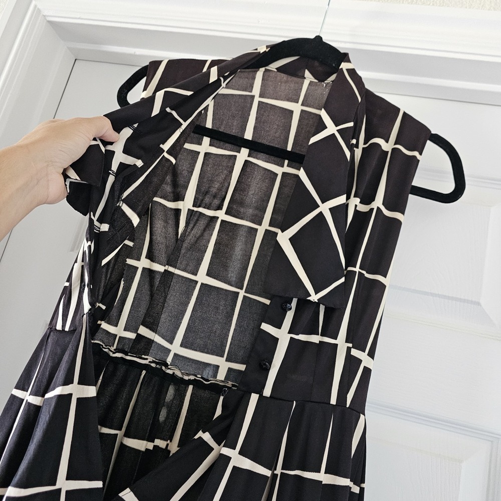 1960s 1970s Vintage Black White Necktie Geometric Design Above Knee Dress #75 - Picture 3 of 8